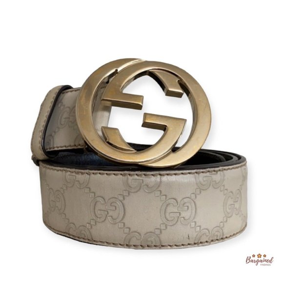 Authentic Gucci Cream Guccissima Leather Gold Interlocking G Buckle Belt 90/36 - Picture 1 of 13